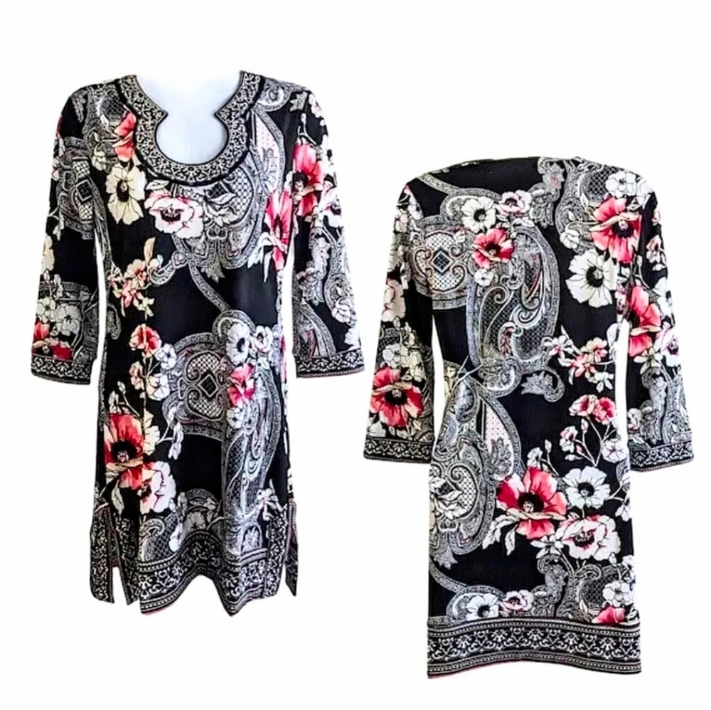 WHBM Paisley Floral Embroiderd Tunic Top/Mini Dres Metallic Silver Accent. Sz. L